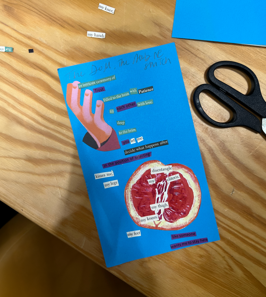 Collage on a piece of paper with photos of hands and half a pomegranate.